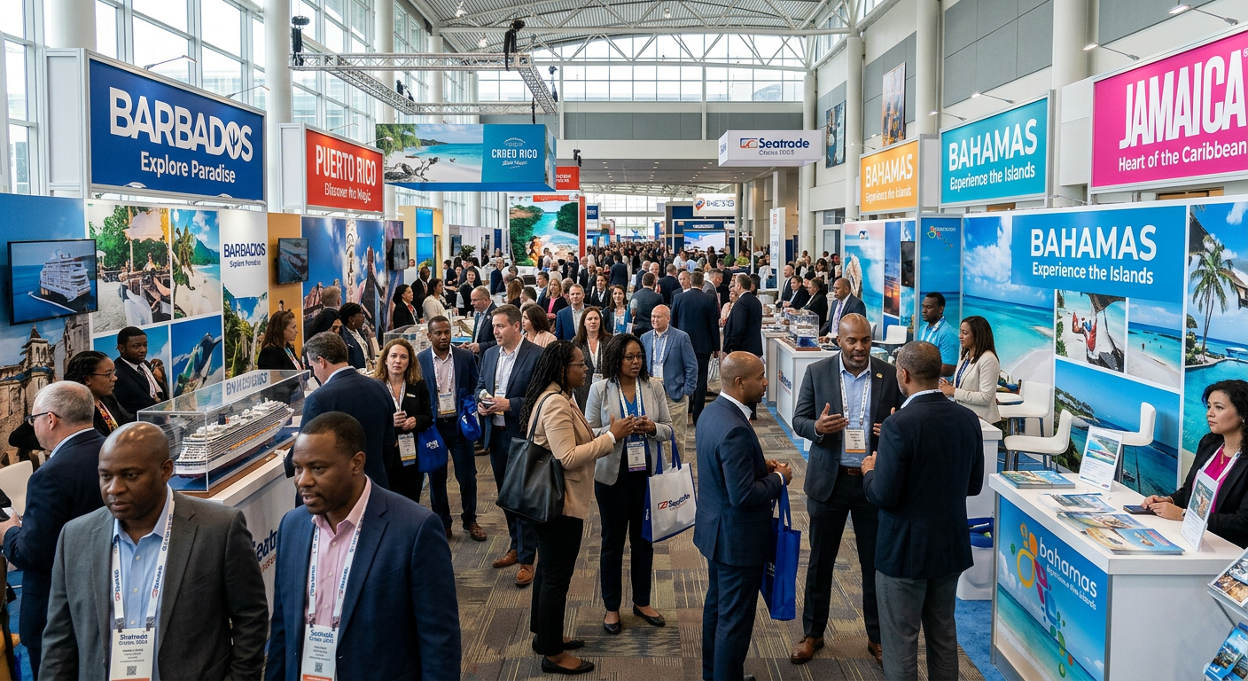 Trade show floor with destination exhibitor booths