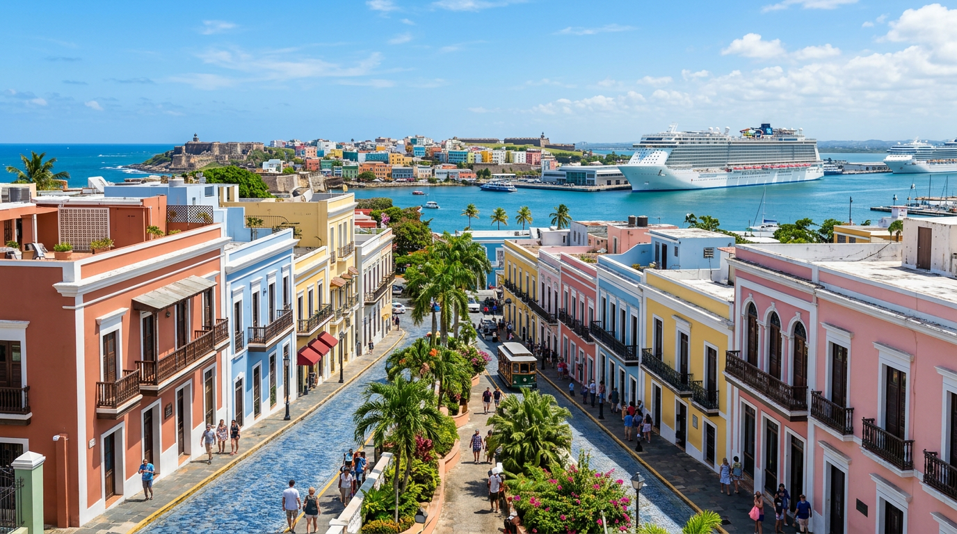Cruise ships docked at a colorful Caribbean port at sunset
