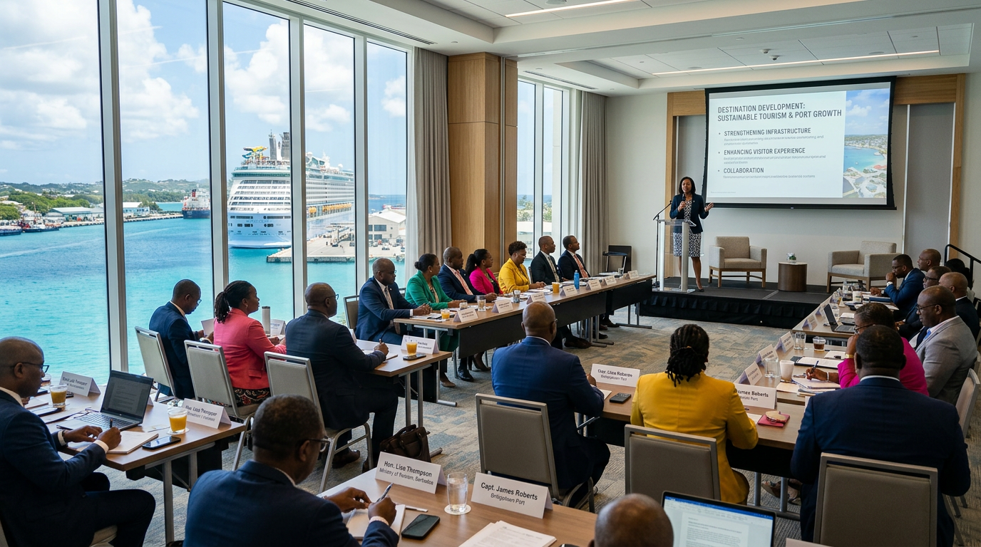 Tourism and port officials attending a workshop overlooking a harbor with a docked cruise ship