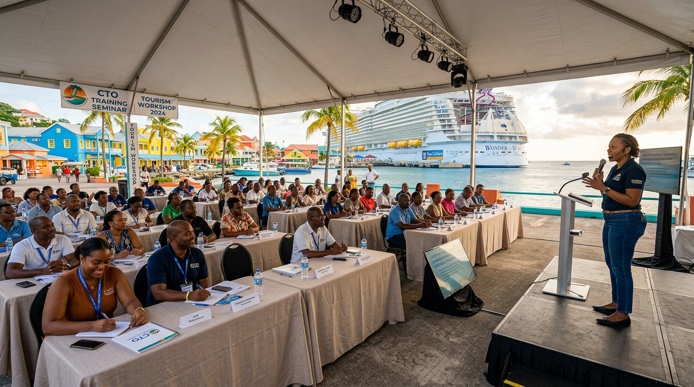 Tour operators taking notes at an outdoor training seminar near a cruise port waterfront
