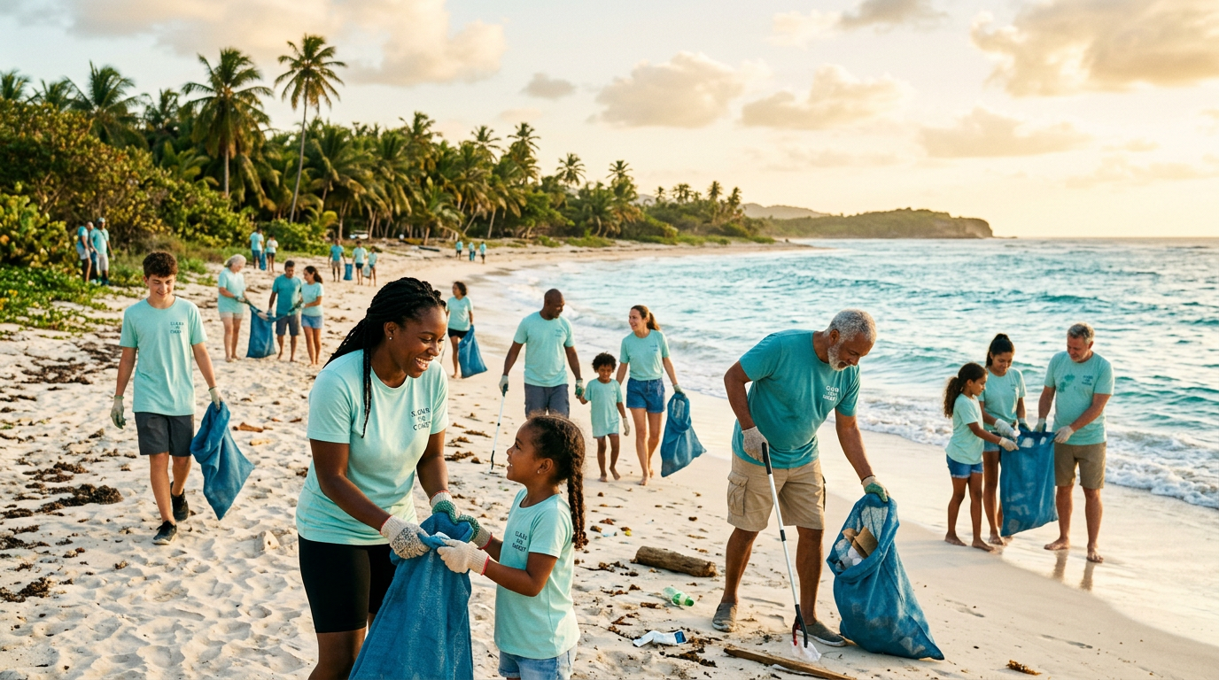 Volunteers collecting litter during a community beach cleanup on a Caribbean shoreline