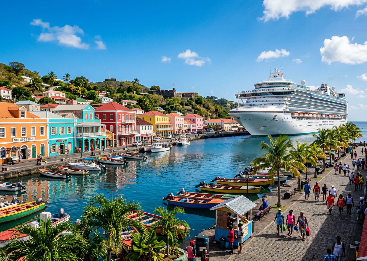 Colorful Caribbean cruise port waterfront