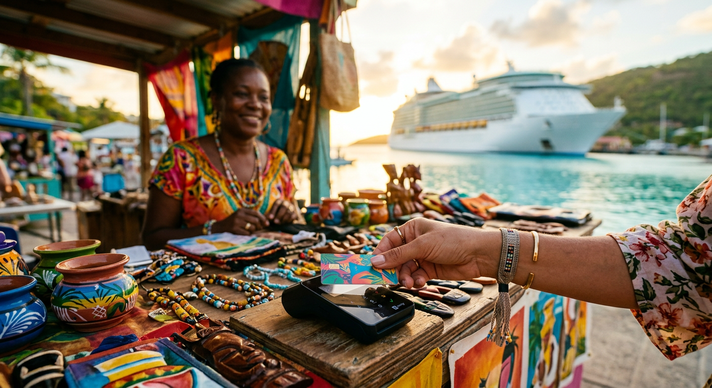 A cruise passenger tapping a contactless card at a Caribbean port market stall