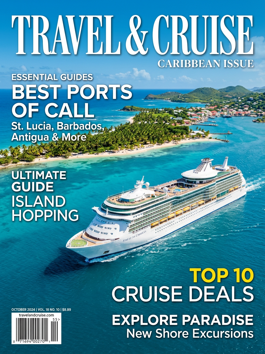 Cover of Travel & Cruise Magazine featuring a cruise ship in turquoise Caribbean water